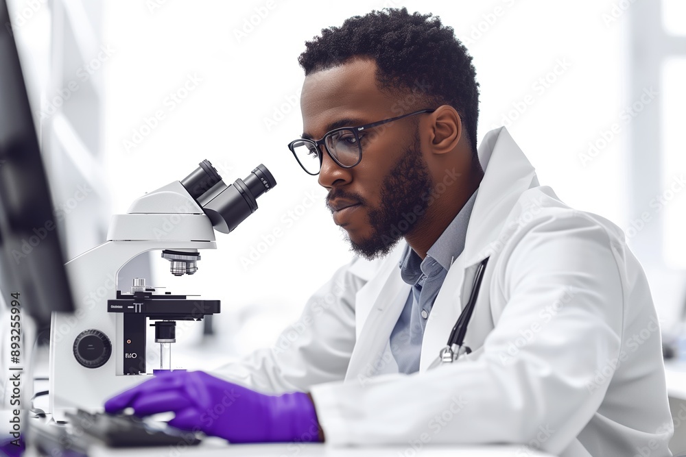 Poster male scientist using a microscope and keyboard in a lab
