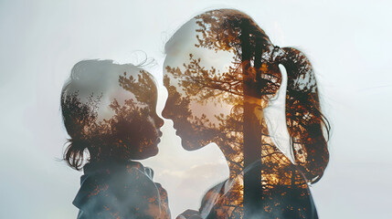 Double exposure mother and child photo with natural background