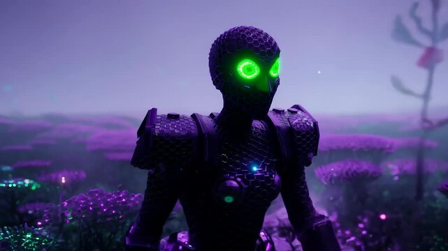 Futuristic robot explorer in alien landscape with glowing mushrooms