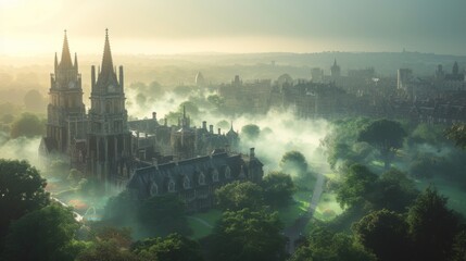 Fototapeta premium A View of a Large Building With Towers and Spires in a Foggy City - Generative AI