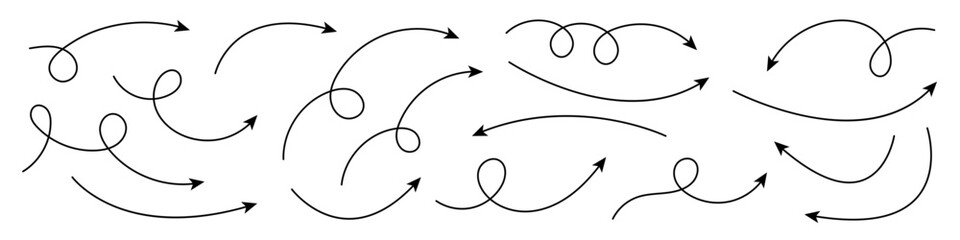 Collection of curved arrows. Set simple curved hand drawn arrows. Collection of pointers.