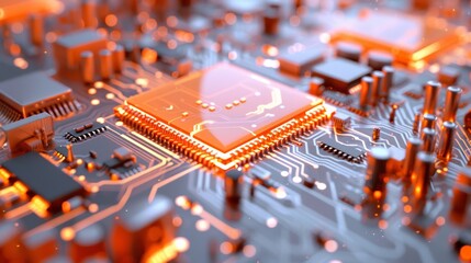 3D stereo style rendering, chip core, orange translucent gradient glass chip simple style white background white electronic components Leave a large space empty, technological minimalist style.