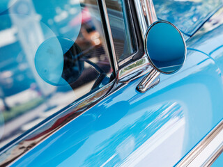 detail of a blue classic car