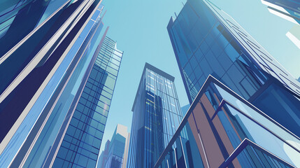 Obraz premium A futuristic skyscraper with a sleek, reflective glass facade rising against a clear blue sky, showcasing modern urban architecture and advanced design