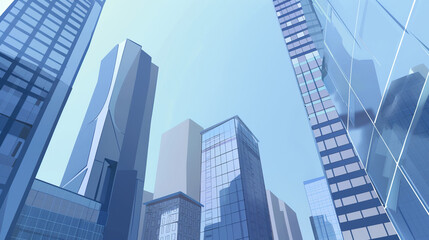 Obraz premium A futuristic skyscraper with a sleek, reflective glass facade rising against a clear blue sky, showcasing modern urban architecture and advanced design