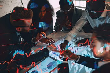 Diverse Team Analyzing Financial Data with Digital Overlays and Graphs, Collaborative Environment, Insightful Discussions, Visualizing Trends and Insights, Data-Driven Decision Making