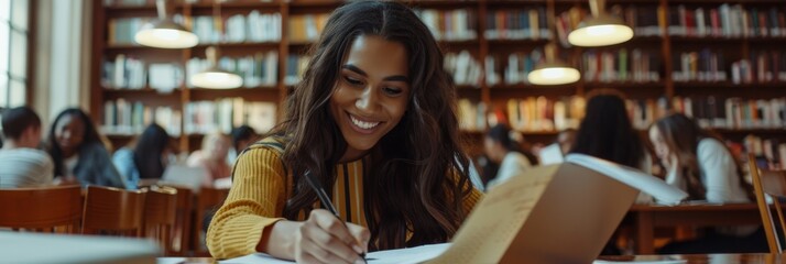 Fototapeta premium A young woman, smiling and focused, is studying in a library, a student working hard on her academic journey, surrounded by books and study materials. She is dedicated to her education