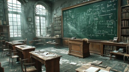 A Classroom Filled With Desks and Chairs, a Chalkboard and Bookshelves - Generative AI
