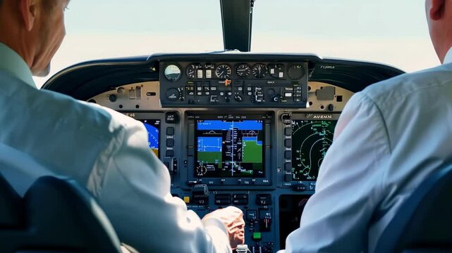 Pilots in the cockpit of an aircraft look and discuss the displayed data during the flight. The scene captures the focus and collaboration between the pilots as they analyze flight instruments