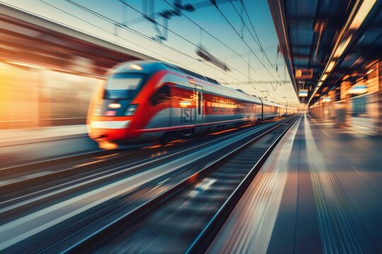 High speed train in motion on the railway station at sunset. Fast moving modern passenger train on railway platform. Railroad with motion blur effect. Commercial transportation. Blurred background