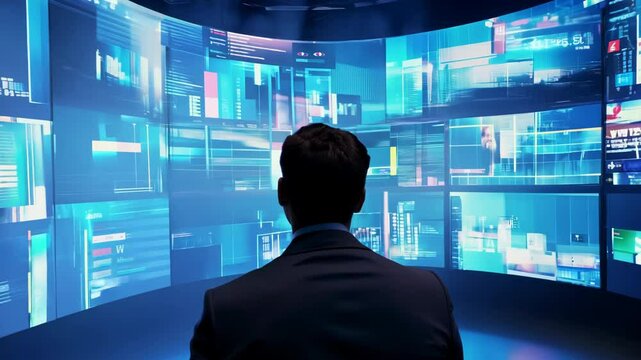 Back view of a businessman walking on a dark room in front of a massive wall of screens, each displaying various videos, and images
