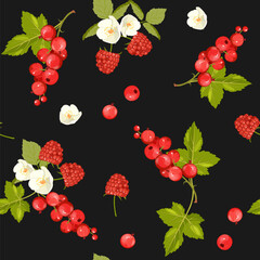 Vector red currant and raspberry pattern on a black background. Seamless pattern. Background design for tea, ice cream, natural cosmetics, candy and bakery, textile.