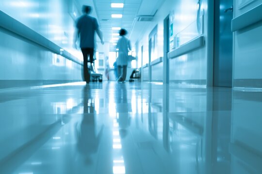 Interior of doctor and patient people in hospital corridor for background, Health care and medical technology concept. Motion blur effect.
