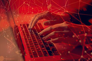 Tech-savvy individual focused intently on coding, vibrant red digital backdrop enhances the immersive atmosphere of innovation and creativity in a modern workspace