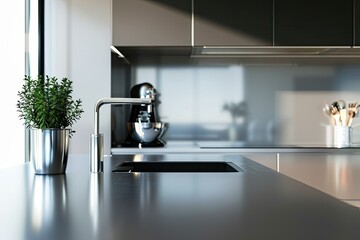 Sleek Minimalist Kitchen, featuring a smooth countertop, contemporary appliances, and a clean, uncluttered aesthetic that emphasizes functionality and elegance