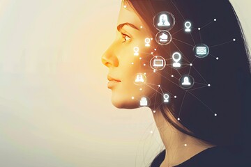 Digital landscape featuring a woman's profile surrounded by vibrant B2C icons, symbolizing the intersection of technology and consumer engagement in the digital age