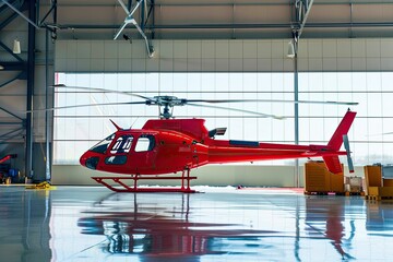 Red helicopter in a spacious hangar, showcasing sleek design and modern aviation technology, surrounded by tools and equipment, reflecting a vibrant aerospace environment.
