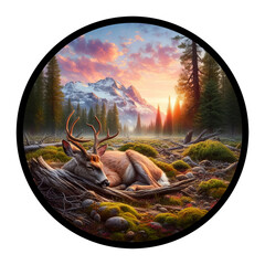 A circular 3D rendered watercolor painting of a Deer, isolated on a transparent background