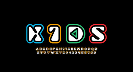 Gaming futuristic font tech alphabet made game console style, childish letters and numbers vector illustration 10EPS