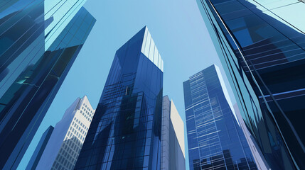 Obraz premium A futuristic skyscraper with a sleek, reflective glass facade rising against a clear blue sky, showcasing modern urban architecture and advanced design