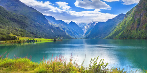 Norway fjord and glacier banner landscape