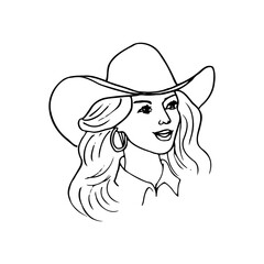 three-quarter portrait of a beautiful woman in a cowboy hat - hand drawn outline drawing