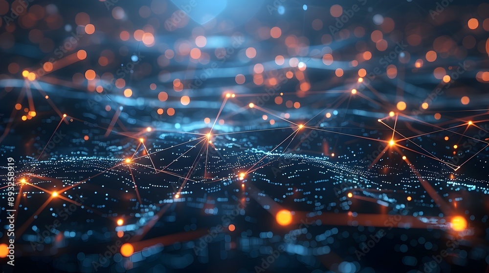 Poster digital network visualization with interconnected nodes and data streams cyber tech background conce
