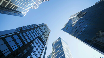 Naklejka premium A futuristic skyscraper with a sleek, reflective glass facade rising against a clear blue sky, showcasing modern urban architecture and advanced design