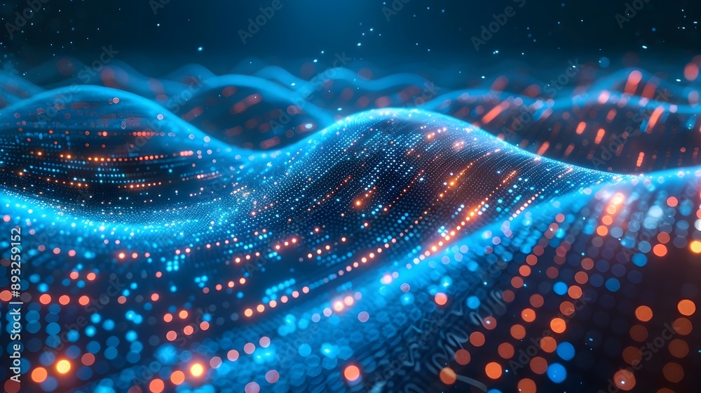 Poster flowing digital data streams through futuristic high tech cyber network abstract background