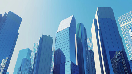 Obraz premium A futuristic skyscraper with a sleek, reflective glass facade rising against a clear blue sky, showcasing modern urban architecture and advanced design