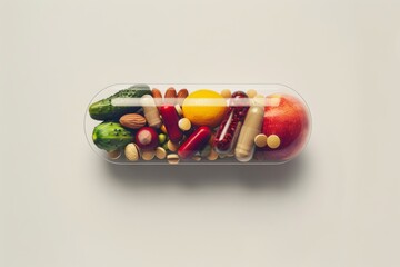 Medicine health concept. Nutritional supplement and vitamin supplements as a capsule with fruit vegetables nuts and beans inside a nutrient pill. 