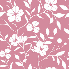 minimalism vector seamless white floral vector pattern on the pink background