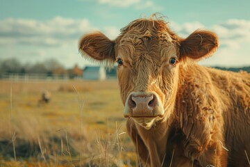A brown cow looks directly at the camera in a rural farm setting