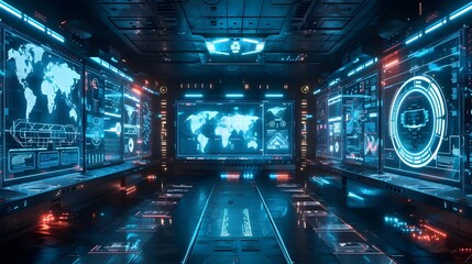 Holographic Control Room with Futuristic Interactive Displays and Cyber Background Concept