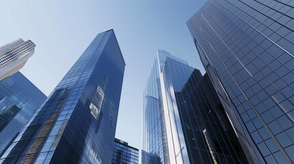 Naklejka premium A futuristic skyscraper with a sleek, reflective glass facade rising against a clear blue sky, showcasing modern urban architecture and advanced design