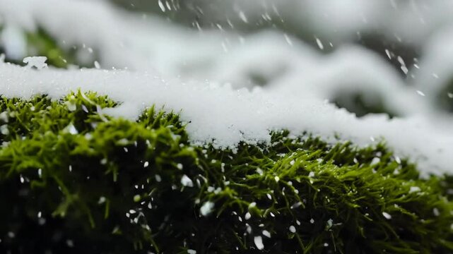 Winter snowfall on vibrant green moss