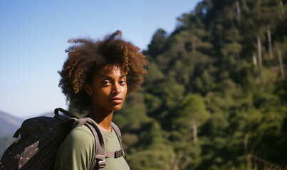 Woman with backpack hiker enjoying hiking outdoors in nature travel concept