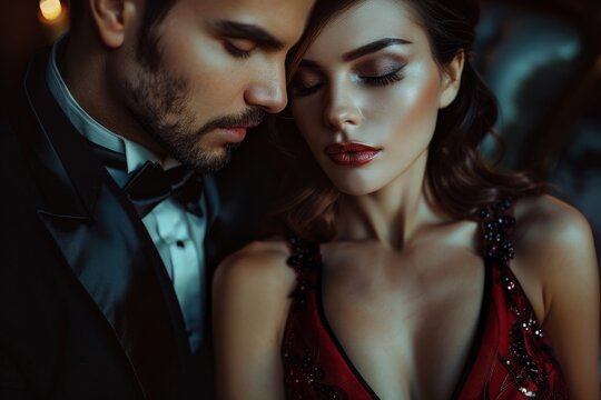 Passionate couple in elegant evening dresses. Luxurious Fashion shot. 