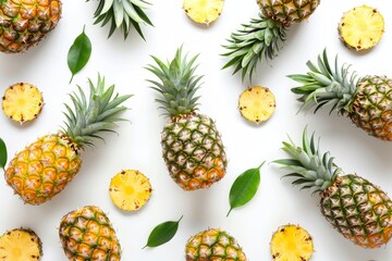 Pineapple with leaves creative pattern isolated on white background, summer background, Top view and flat lay 