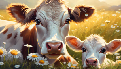 Close-up of a cow and calf in a field of daisies at sunset.