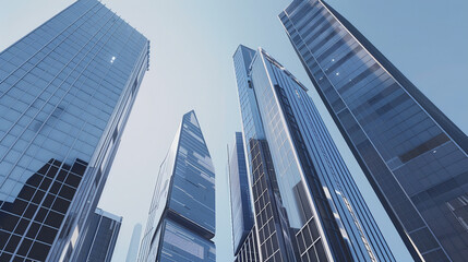 A futuristic skyscraper with a sleek, reflective glass facade rising against a clear blue sky, showcasing modern urban architecture and advanced design
