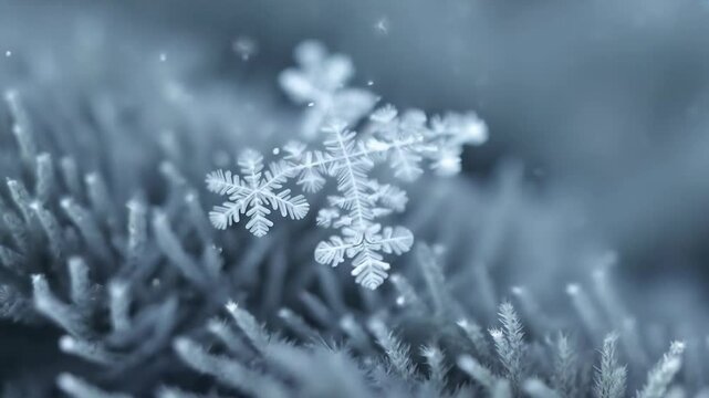 Delicate snowflake crystals nestled on frosty surface