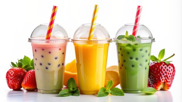 Vibrant trio of refreshments featuring green tea, strawberry, and mango flavors, garnished with colorful straws and boba, on white background.
