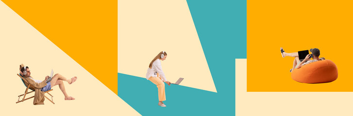 Contemporary art collage. Three individuals working or studying on laptops against colorful...