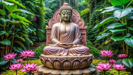 Serene replica of Buddha sitting cross-legged on pink lotus pedestal with intricate carvings surrounded by lush green foliage backdrop.