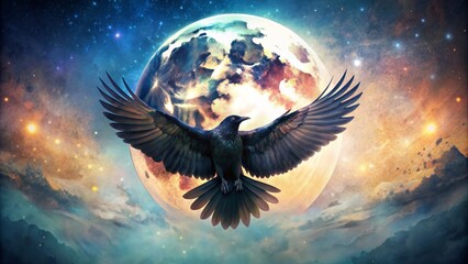 Obraz premium A majestic black crow spread its wings, perched on a luminous crescent moon, set against a dreamy, abstract watercolor background.