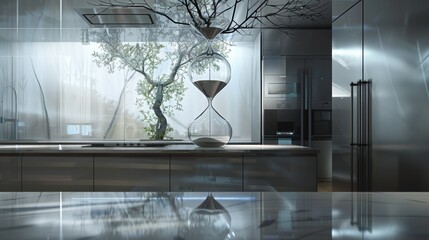 Create a transparent hourglass sculpture, 3 meters high, in the shape of an inverted triangle. without using sand The upper part consists of branches and 