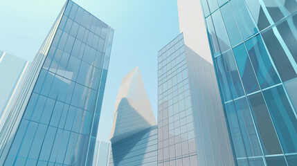 A futuristic skyscraper with a sleek, reflective glass facade rising against a clear blue sky, showcasing modern urban architecture and advanced design