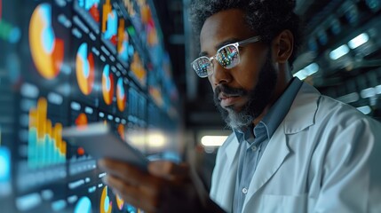 Scientist analyzing data on a digital screen in a laboratory, using a tablet. Focus on high-tech research and modern scientific technology.