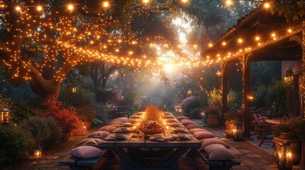 A Table Set Up With Lots of Pillows and a Bunch of Lights Hanging From the Trees - Generative AI